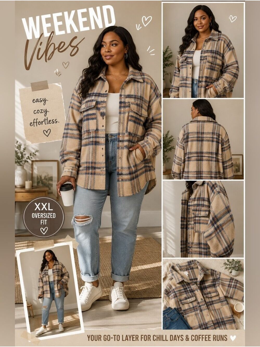 H&M Oversized Beige Plaid Shacket | Cozy Fall Layer | Size XXL